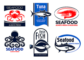 Seafood products tags and emblems. Vector icons for product, company, restaurant label. Graphic symbols of crab, tuna, shrimp, octopus, flounder, fish