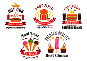 Fast Food icons set. Snacks, drinks and desserts label. Hot dog, fries, cheeseburger, soda coke, ice cream, milkshake stickers for restaurant menu, eatery delivery, cafe signboard