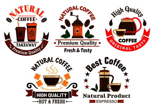 Coffee icons for cafe signboards. Coffee pitcher, coffee maker, mill, tea cup, kettle, french press, white chocolate, stars and ribbons. Template for cafeteria menu, fast food poster, delivery placard