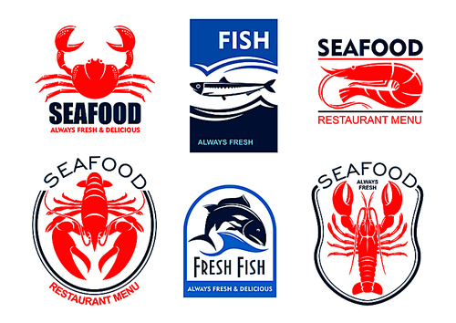 Seafood products icons. Vector emblems set for product sticker, company label, restaurant menu. Graphic symbols of crab, herring, shrimp, lobster, tuna fish