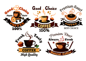 Coffee icons set. Hot coffee cups, cappuccino, latte, macchiato, frappe with desserts, muffins and cupcakes. Template for cafeteria menu, cafe signboard, fast food poster