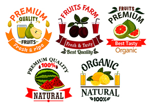 Natural organic fruits badges with fresh lemon, grapefruit, plum, pear, watermelon fruits with glasses of juice, adorned by green leaves and ribbon banners