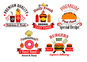 Fast food sandwich, drink, snack and dessert badges with hamburger, cheeseburger, sweet soda, taco, burrito, fried chicken, cupcake and donut with sauces, ribbon banners and chef hat