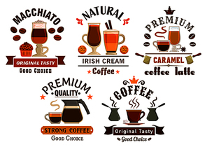 Cafe and coffee shop badges set with cups of espresso, cappuccino, caramel mocha, irish cream, turkish and chocolate macchiato with coffee pots, beans, cupcake, cookie and ribbon banners