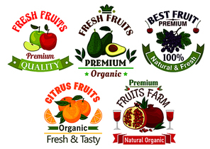 Best fresh juicy fruits. Vector icons of apple, avocado, grape, cherry, orange, pomegranate for juice bottle sticker, grocery, farm store label, packaging and advertising tag, ribbons