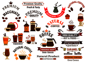 Coffee and desserts icons for cafe signboards. Coffee pitcher, coffee maker, mill, cezve, kettle, french press, chocolate, muffin, biscuit, cake, coffee beans, stars, ribbons. Template for cafeteria menu fast food poster delivery placard