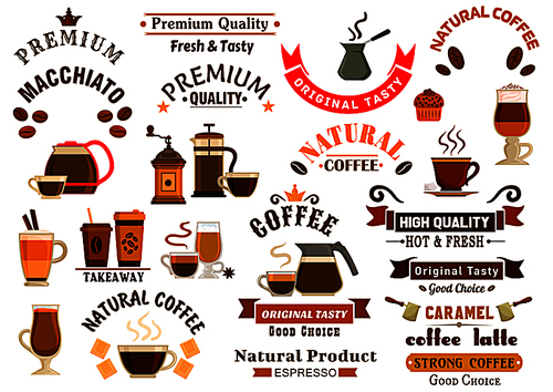 coffee and desserts icons for cafe signboards. coffee pitcher, coffee maker, mill, cezve, kettle, french press, muffin, biscuit, cake, coffee beans, stars, ribbons.  for cafeteria menu fast food poster delivery placard