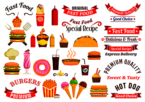 Fast food emblems, advertising express delivery ribbons. Vector icons of cheeseburger, sandwich, hot dog, pizza, french fries, hamburger, tacos, coffee, soda, muffin, ice cream, chef toque milkshake ketchup mustard chicken nuggets
