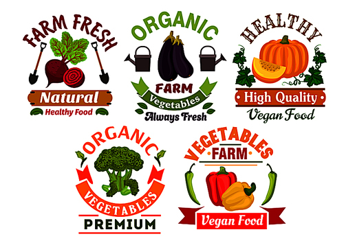 Healthy organic vegetables badges set of fresh farm bell pepper, broccoli, eggplant, pumpkin and beet vegetables with leaves, ribbon banners, shovels, watering can