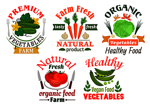 Natural healthy vegetables cartoon badges set with tomato, carrot, green onion, cabbage, cucumber, garlic and sweet pea vegetables, supplemented by ribbon banners, leaves and flowers