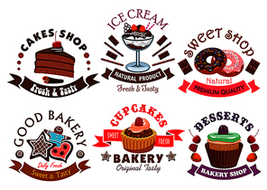 Pastry shop and cafe sign set with cake, cupcake, donut, ice cream dessert, muffin and gingerbread, decorated by chocolate, cream, fruit, glaze and ribbon banners with stars