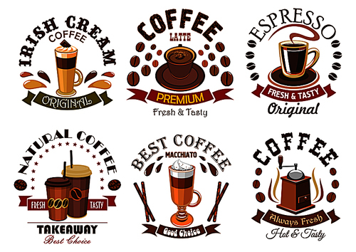 Coffee icons for cafe signboard emblem. Elements of irish cream, coffee latte, espresso, macchiato, coffee mill, take away , coffee beans, stars, ribbons. Template for cafeteria menu, fast food banner