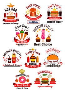 Fast food emblems. Cheeseburger, sandwich and hot dog, pizza, french fries and hamburger, tacos and coffee, soda, muffin, ice cream and milkshake, chicken nuggets, express delivery. Vector icons and ribbons