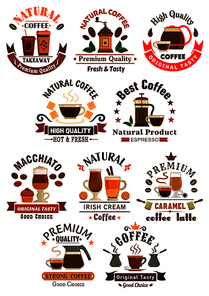 Coffee emblems set for cafe, restaurant. Vector icons of of irish cream, coffee latte, espresso, macchiato, coffee mill, cezve, takeaway cup, coffee beans, stars, ribbon. Menu card design elements