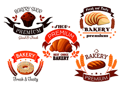 Bakery, pastry and patisserie shop emblems set. Elements of fresh baked wheat bread, croissant, chocolate muffin, sweet donut, rye bread bagel. Baking products icons with ribbons and text for decoration design
