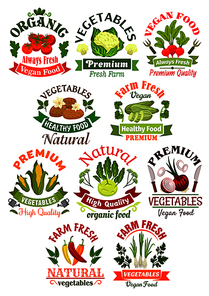 Vegetables labels set for food industry. Vector farm fresh organic vegetables tomato, cauliflower, radish, potato, zucchini, corn, kohlrabi, onion, pepper, leek. Vegetarian product stickers for grocery farm store