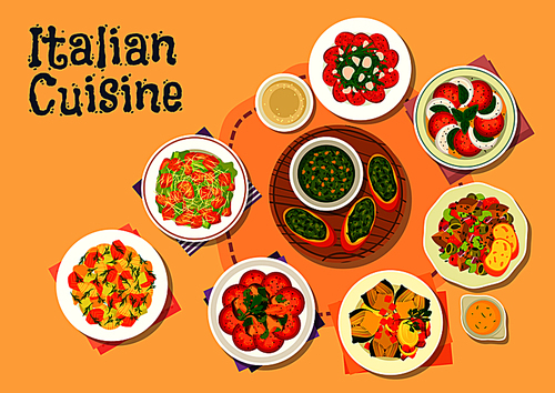 Italian cuisine icon of healthy dinner dishes with caesar salad, salmon pasta salad, basil pesto, tomato mozzarella salad, beef carpaccio, chicken mushroom salad, baked artichoke, eggplant stew