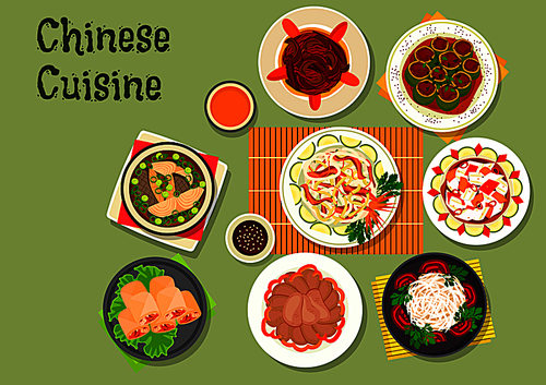 chinese cuisine icon with  noodle salad with beef and radish, shrimp spring rolls, beef tongue, daikon salad, spicy chinese cabbage, fish soup, stuffed cucumber with pork, eggplant stew