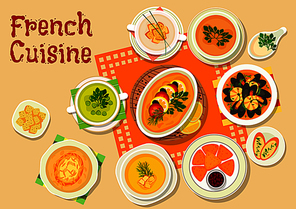 French cuisine lunch menu icon with onion soup, seafood stew, fried cheese with cranberry jam, lentil soup, cauliflower soup with croutons, pumpkin cream soup, green pea soup, flatfish souffle