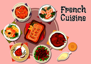 French cuisine meat and fish dishes icon with cod with bechamel sauce, chicken with wine sauce, baked duck legs, rabbit roast, chicken rolls with shrimp, liver with honey and wine sauce, batter perch