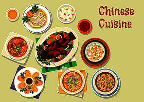 Chinese cuisine oriental dishes icon with sticky rice, sweet and sour chicken soup, corn soup, squid ring, anise beef soup, baked fish with vegetables and sweet sauce, spicy rice soup