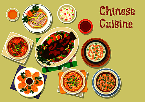 chinese cuisine oriental dishes icon with sticky , sweet and sour chicken soup, corn soup, squid ring, anise beef soup, baked fish with vegetables and sweet sauce, spicy food soup