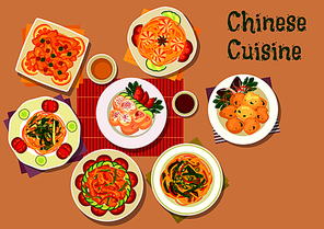 Chinese cuisine lunch icon with shrimp noodles, pork noodles with spinach, mushroom and bean noodles, chicken roll stuffed ham, sweet pork with candied fruit, spicy pork, batter lamb