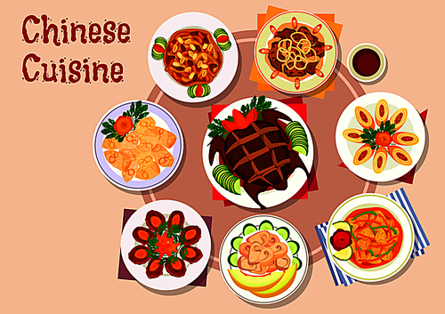 chinese cuisine meat dishes icon with peking duck, fried wonton, egg roll stuffed pork, sweet and sour pork, ginger chicken, beef coin patty, fried liver, chicken in