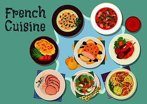 French cuisine icon with vegetable stew ratatouille, lamb ribs, potato cheese casserole, lamb stew with bacon, chateaubriand steak, beef stew, baked pork with fruits, beef kidneys fricassee