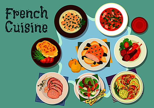 French cuisine icon with vegetable stew ratatouille, lamb ribs, potato cheese casserole, lamb stew with chateaubriand steak, beef stew, baked pork with fruits, beef kidneys fricassee