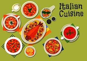 Italian cuisine icon with mushroom cream soup, tomato bean soup with sausage, florentine egg with spinach, minestrone pasta soup, baked fish, bean soup with bread and ham, tomato vermouth soup