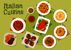 Italian cuisine meat dishes icon with pasta carbonara with ham, shrimp pasta, spaghetti bolognese, florentine steak, chicken milanese, beef shank, beef chops with mushroom and ham wrap