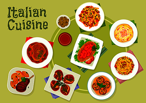 Italian cuisine meat dishes icon with pasta carbonara with ham, shrimp pasta, spaghetti bolognese, florentine steak, chicken milanese, beef shank, beef chops with mushroom and ham wrap