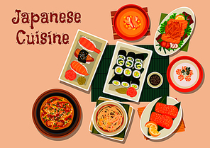 Japanese cuisine seafood dinner icon with roll and nigiri sushi, salmon salad with teriyaki sauce, shrimp cream soup, corn cream soup with crab, noodle beef soup, grilled salmon and smoked eel nabe