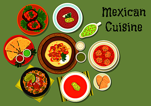 mexican cuisine tortilla with beef fajita icon served with meatball soup, grilled cheese tortilla, tomato soup with chilli, bean soup with salsa sauce, beef steak, beef tongue stew with