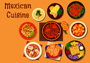 Mexican cuisine chicken burrito and duck tortilla rolls icon with vegetable beef stew estofado, chicken soup with tortillas, spicy chicken wings, fish soup, fried cod and chicken in chocolate sauce