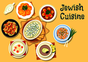 Jewish cuisine kosher dishes icon with jellied pike fish, herring forshmak, fish ball soup, egg salad with chicken giblets, fish cutlet with cheese, bread apple soup, carrot dessert with raisins