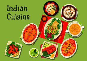 Indian cuisine lunch dishes icon with fish salad, spicy chicken salad, shrimp soup with saffron, cabbage salad, chicken almond soup, salmon stew, fresh vegetable salad, perch with potato