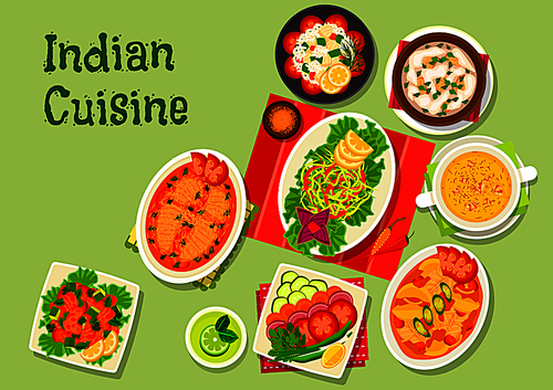 indian cuisine lunch dishes icon with fish salad, spicy chicken salad, shrimp soup with saffron, cabbage salad, chicken almond soup, salmon stew, fresh  salad, perch with potato