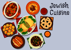 Jewish cuisine kosher dinner with dessert icon of chickpea falafel, lamb stew with dried fruits, stuffed chicken, beef bean stew, chicken breast with almond, sweet and sour beef, poppy seed cookie
