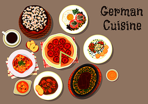 German cuisine sausage soup icon served with pork schnitzel, beef steak with omelette, stewed pork chops, corned beef hash with fried egg and herring, plum pie, layered cake with chocolate cream