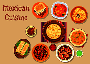 Mexican cuisine restaurant menu icon with bean burrito, meat pie empanadas, bean stew with minced beef, vegetable chilli stew, stuffed peppers, tomato rice, potato stew with cheese, bread pudding