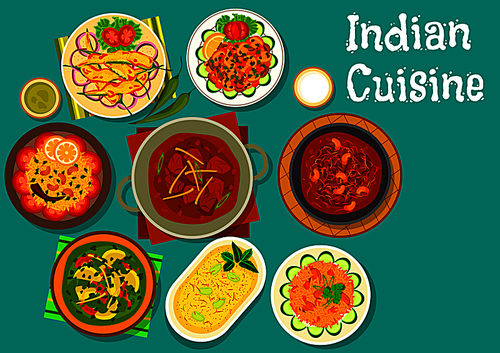 indian cuisine lamb curry icon served with lemon , frying chili pepper, potato spinach stew, lamb meatball, food with pork, mushroom stew and yogurt dessert
