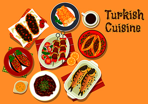 Turkish cuisine shish kebab skewer icon with stuffed eggplant, meat pie pide, pastry with cheese, beef stew, stuffed mackerel, lamb pie and coffee