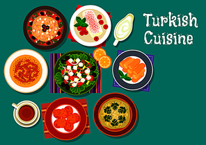 Turkish cuisine icon with grilled eggplant salad, lamb soup, fried carrot balls, eggplant dip sauce, vegetable salad with feta, sweet chicken pudding and fried cakes with syrup