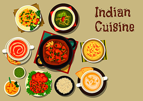 Indian cuisine vegetarian pilau rice icon served with turkey curry, prawn in tomato sauce, chicken spinach stew, tomato soup, pea cream soup, rice dessert with nuts, mango yogurt smoothie