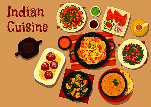 indian cuisine vegetarian dishes icon with lentil soup,  stew, green chatni, lentil tomato salad, potato spinach stew, cauliflower potato casserole and fried milk balls in sugar syrup