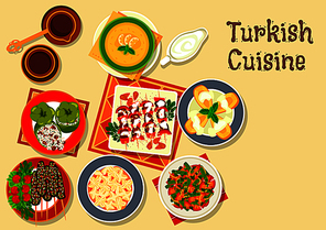 Turkish cuisine grilled kebab and meatball kofte icon with stuffed pepper dolma, meat dumpling, bean stew, lentil cream soup and quince fruit dessert with coffee