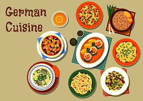German cuisine bavarian dishes icon of pork and sauerkraut salad, vegetable sausage salad, fish soup, potato salad, herring roll, sauerkraut bean stew with frankfurter, cheese fruit salad