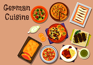 German cuisine lunch dishes icon with ham hock, pork roll, vegetable sausage stew, bacon pie, salmon in flaky dough, pork ribs sauerkraut stew, sherry strudel, brussel sprout soup with noodle